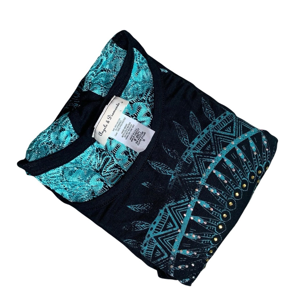 Angels & Diamonds Women's Shirt S Phoenix Bird Bling Lace Cutouts Black Teal EUC